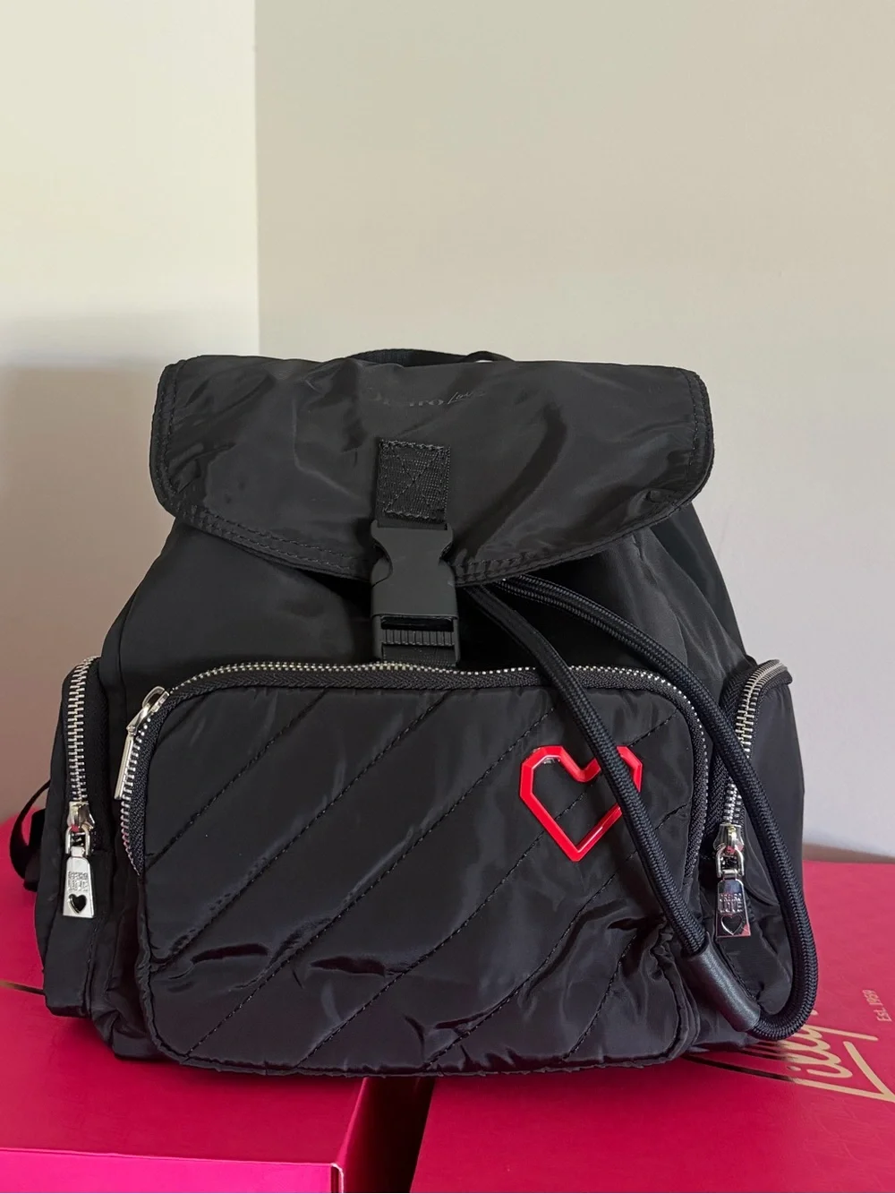 Oreiro Love Mini Backpack Black Quilted Backpack with Red Heart Accent